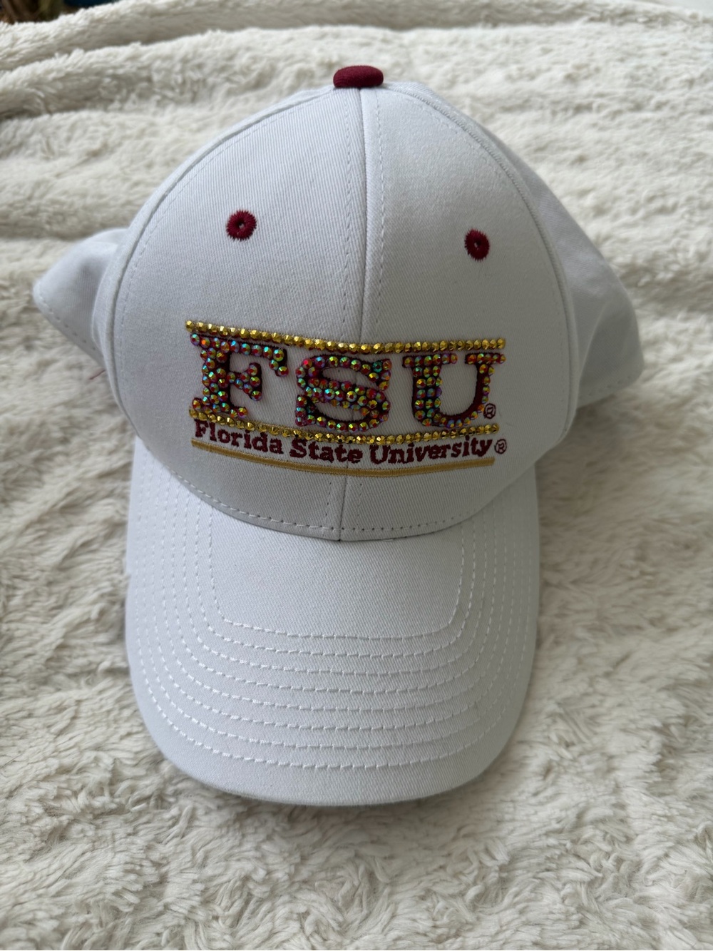 Bedazzled FSU Florida State University White Baseball Cap with Maroon Accents